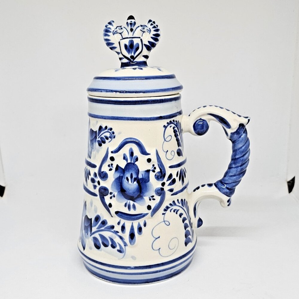 VTG Gzhel Porcelain Blue & White 9.5" Beer Stein Mug with Lid Container Tankard